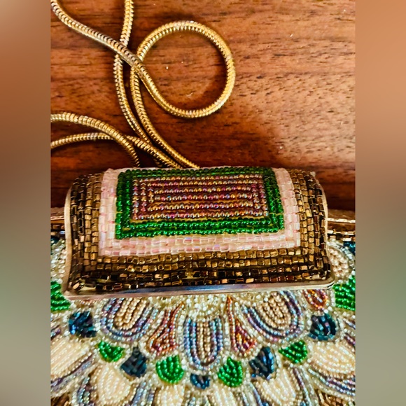 Vintage Jerome Beaded Clutch with Gold Accents and snake chain.